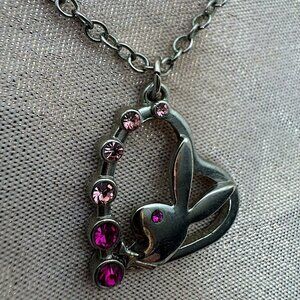 Playboy bunny necklace pink jewel diamonds silver chain link 1953 rabbit head